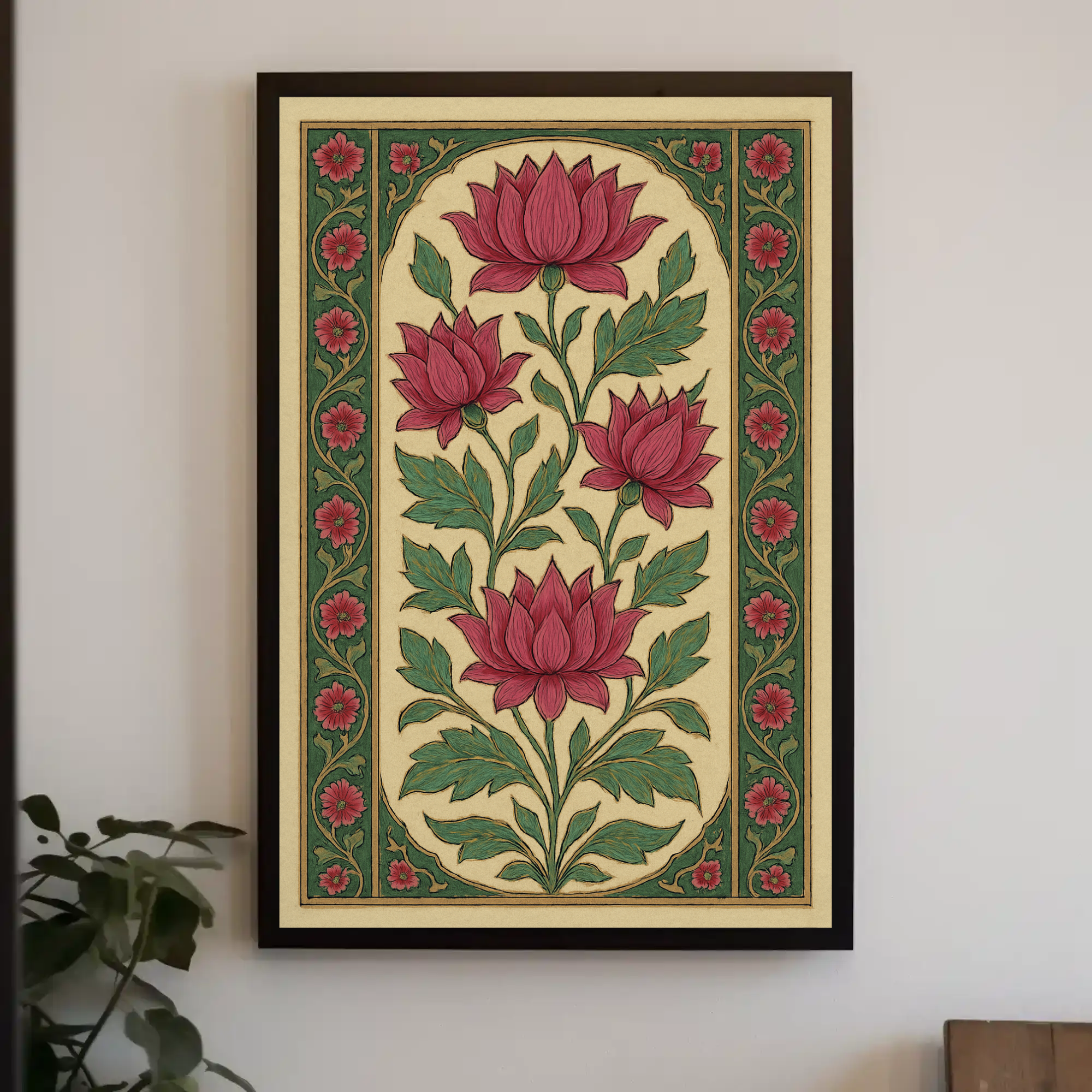 Decorative wall art with pink floral design on a white wall