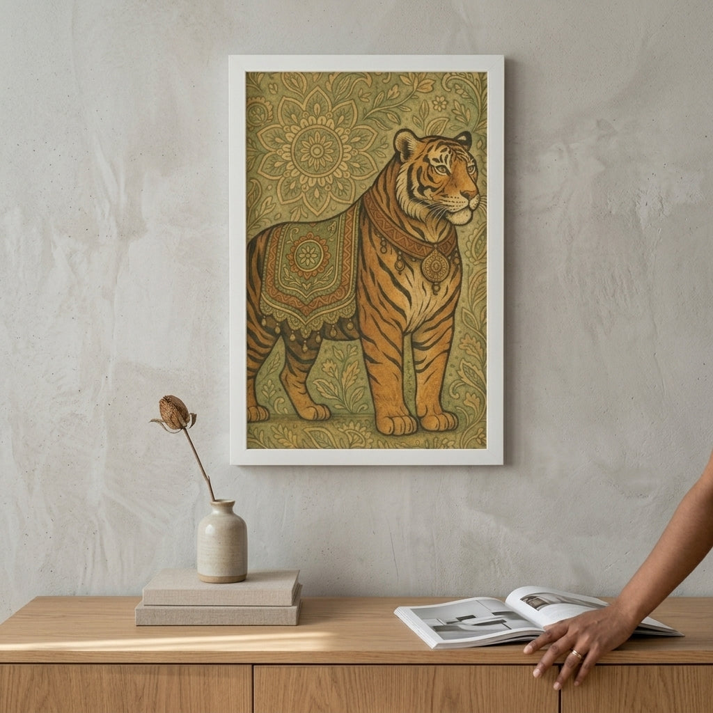 Framed artwork of a tiger with mandala patterns on a wall above a wooden surface.