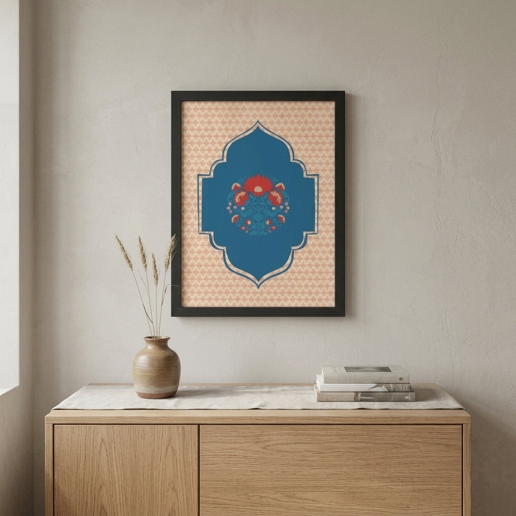 Decorative wall art with a blue and red design on a beige wall above a wooden cabinet.
