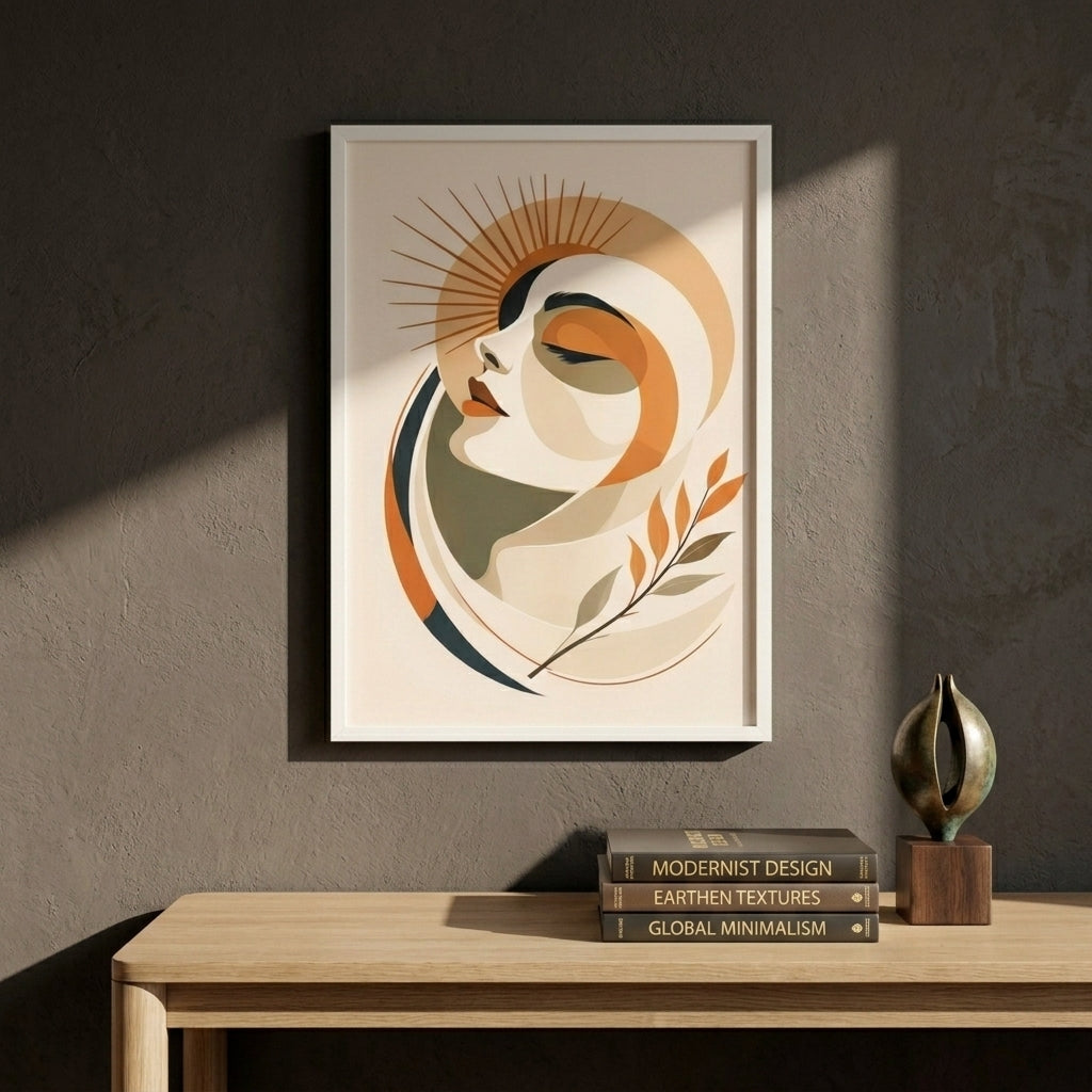 Framed abstract art of girl on a wall above a wooden table with books and a sculpture.