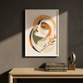 Framed abstract art of girl on a wall above a wooden table with books and a sculpture.
