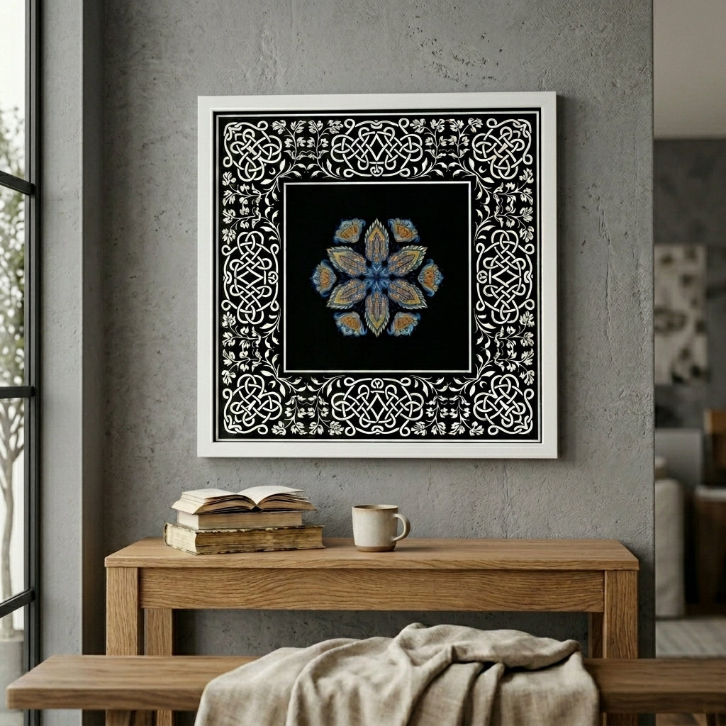 Decorative wall art with a floral design in a geometric frame on a gray wall.