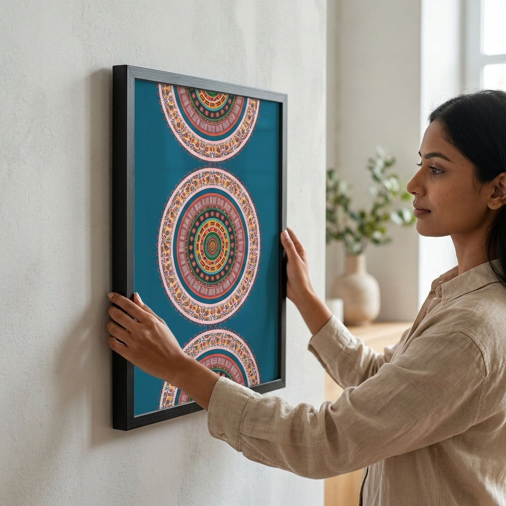 Woman hanging a colorful framed artwork on a wall