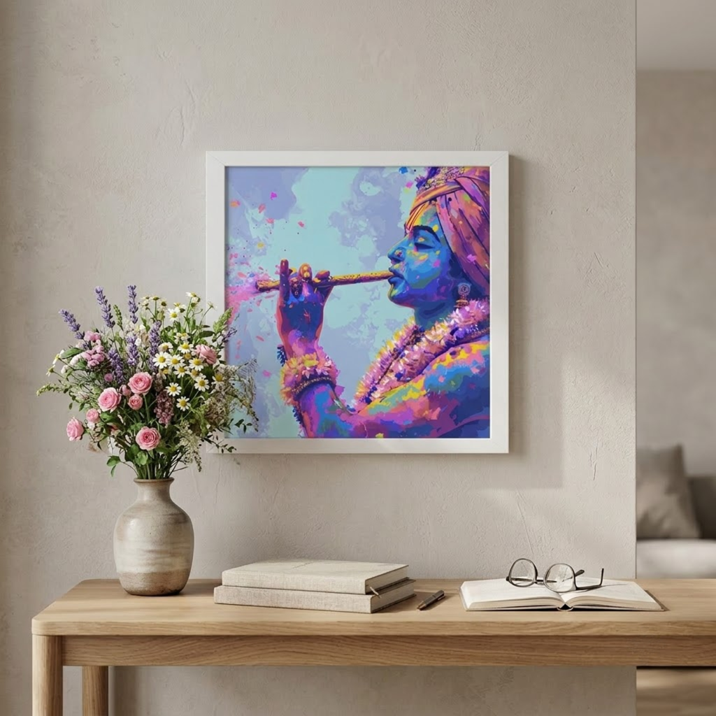 A framed colorful art print depicting a divine figure playing a flute, hung on a beige wall above a wooden table with a vase of flowers, books, and an open notebook.