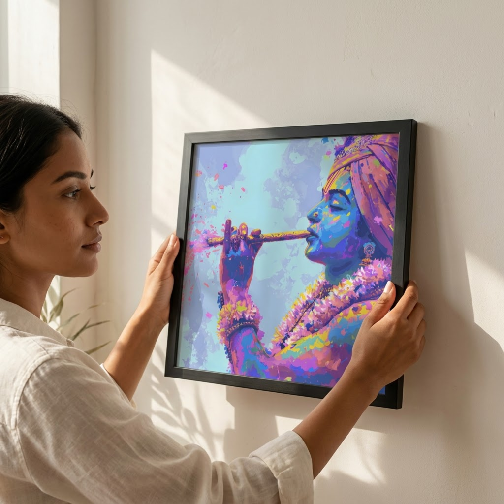A woman in a white shirt holds up a black-framed art print of a colorful, divine figure playing a flute against a warm beige wall with soft sunlight and shadows.