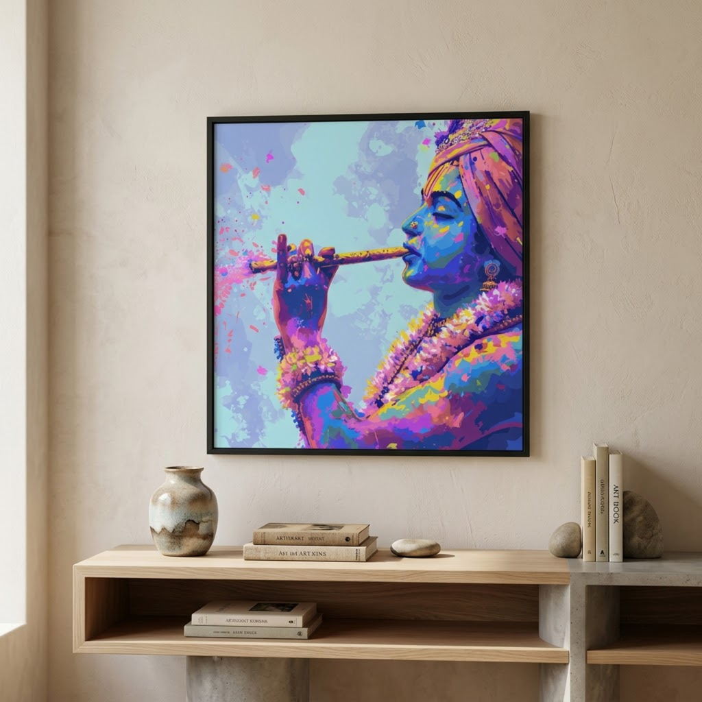 A framed colorful wall art print depicting a divine figure in profile holding a flute, displayed above a light wood shelf in a beige interior setting.