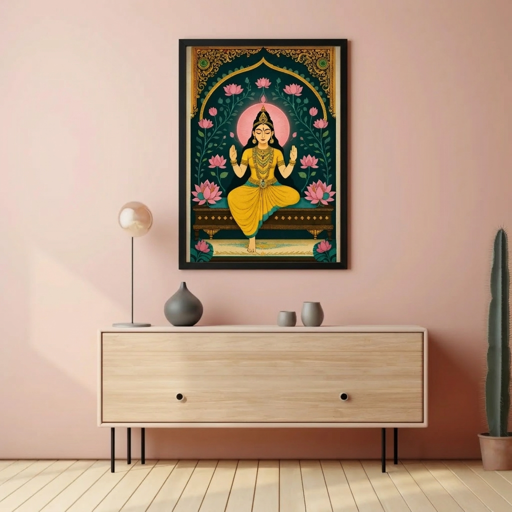 Decorative wall art of a seated figure with lotus flowers on a pink wall above a wooden cabinet.