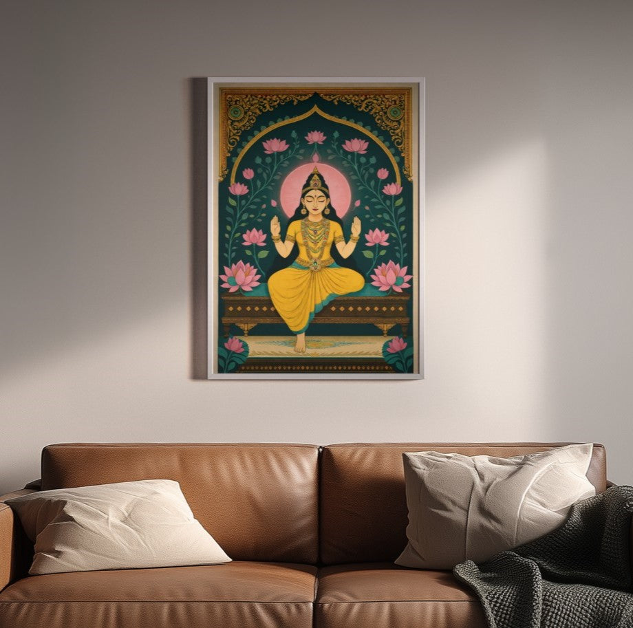 Framed artwork of a seated figure with floral design above a brown sofa.