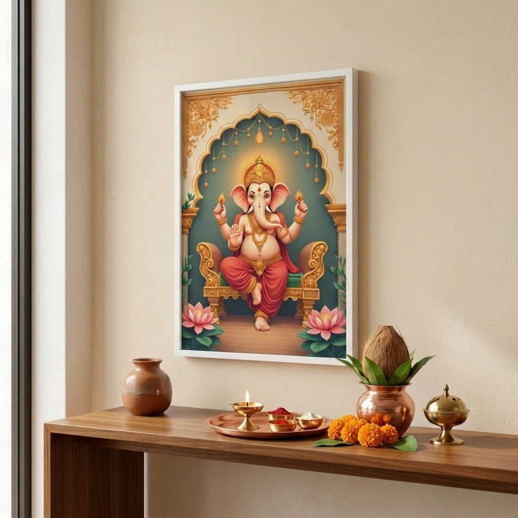A framed wall art print of Lord Ganesha is displayed on a beige wall above a wooden altar with decorative items including a brass pot, a copper kalash, marigolds, and a brass lamp.