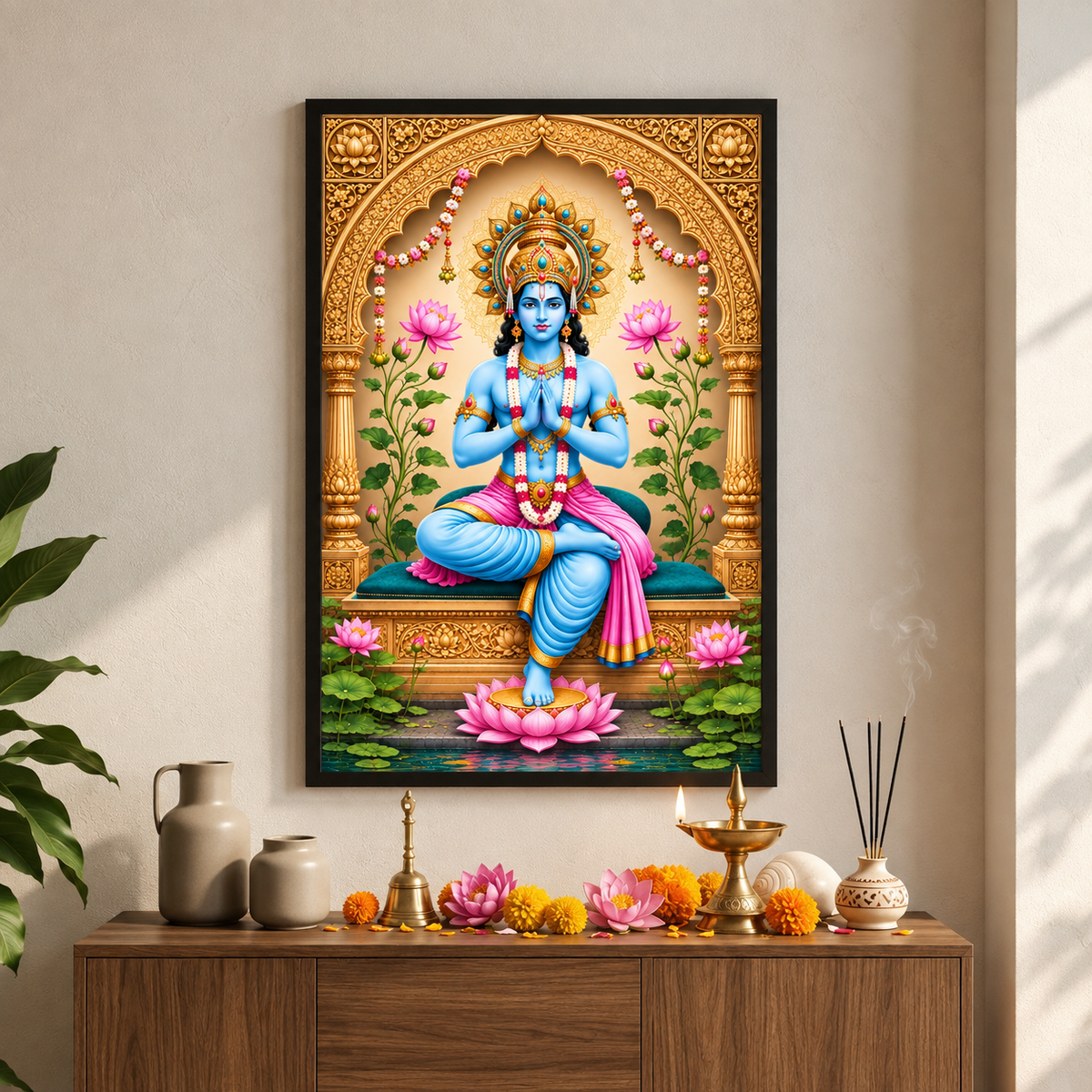 A framed wall art print depicting a blue-skinned seated deity with pink lotus flowers and ornate gold architecture, displayed above a wooden console table with decorative objects in a styled interior setting.