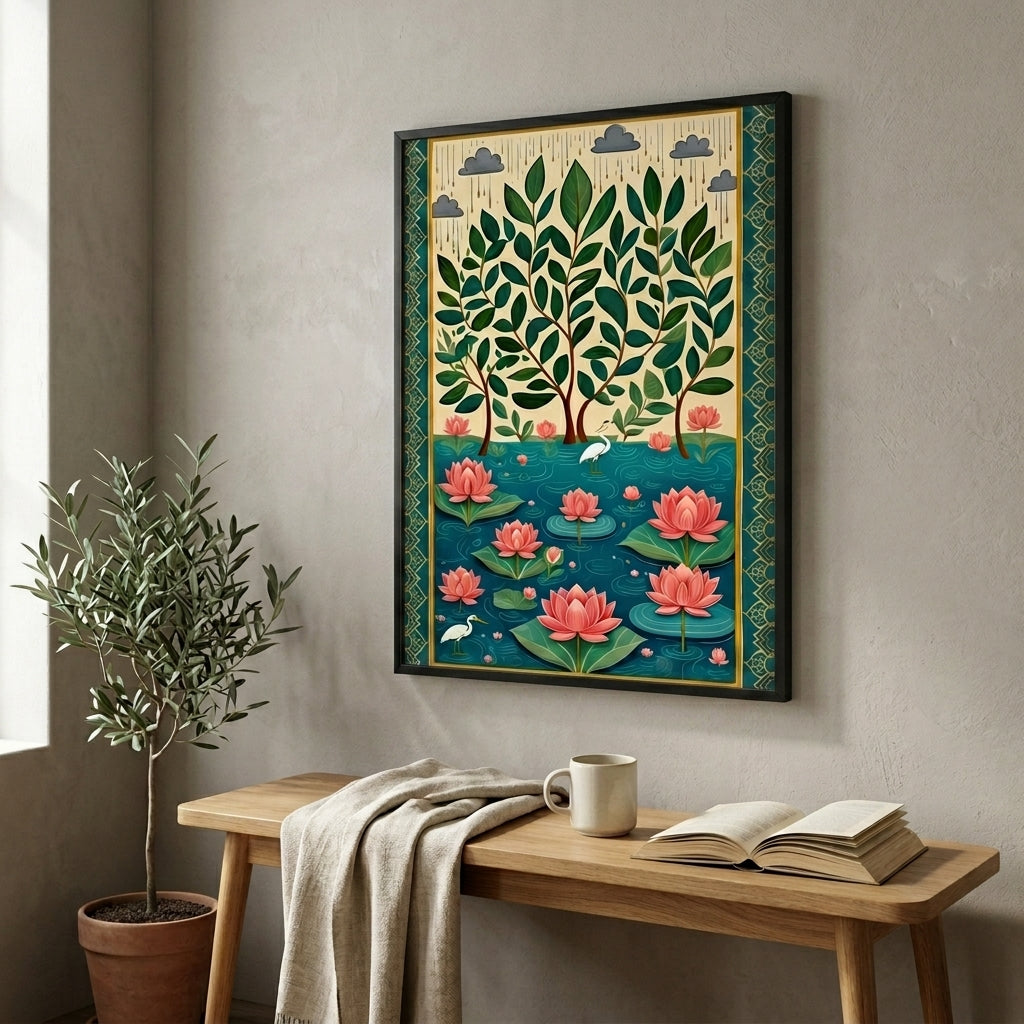 Framed artwork of a tree and lotus flowers on a wall above a wooden bench with a cup and book.