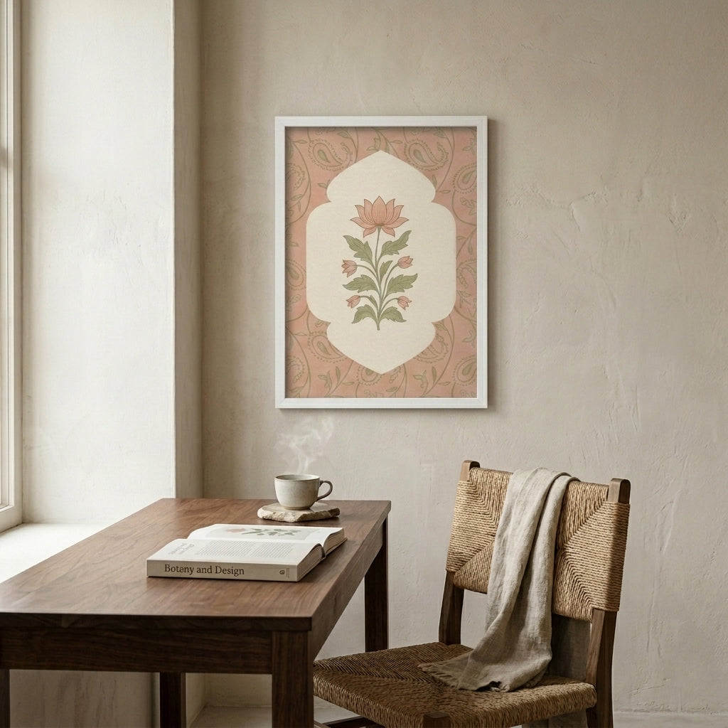 Room interior with a wooden table, chair, and framed artwork on the wall.