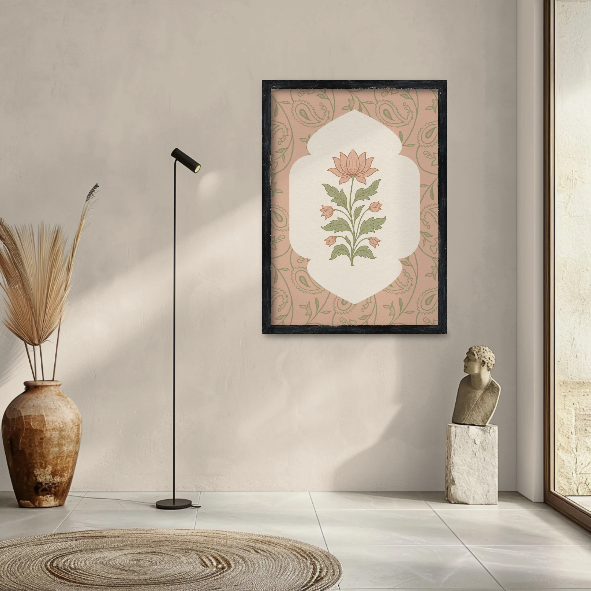 Framed floral artwork on a wall with decorative elements in a room.