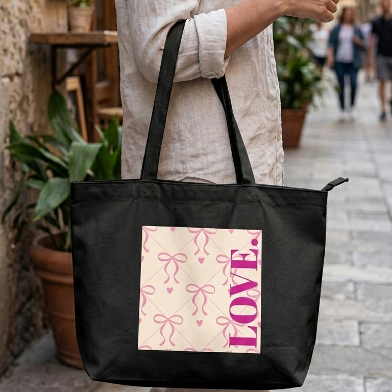 Woman holding a black tote bag with 'LOVE' and bow design in an urban setting