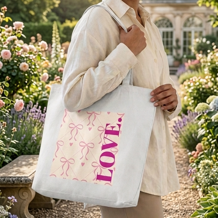 Woman holding a tote bag with 'LOVE' and pink ribbons design in a garden setting