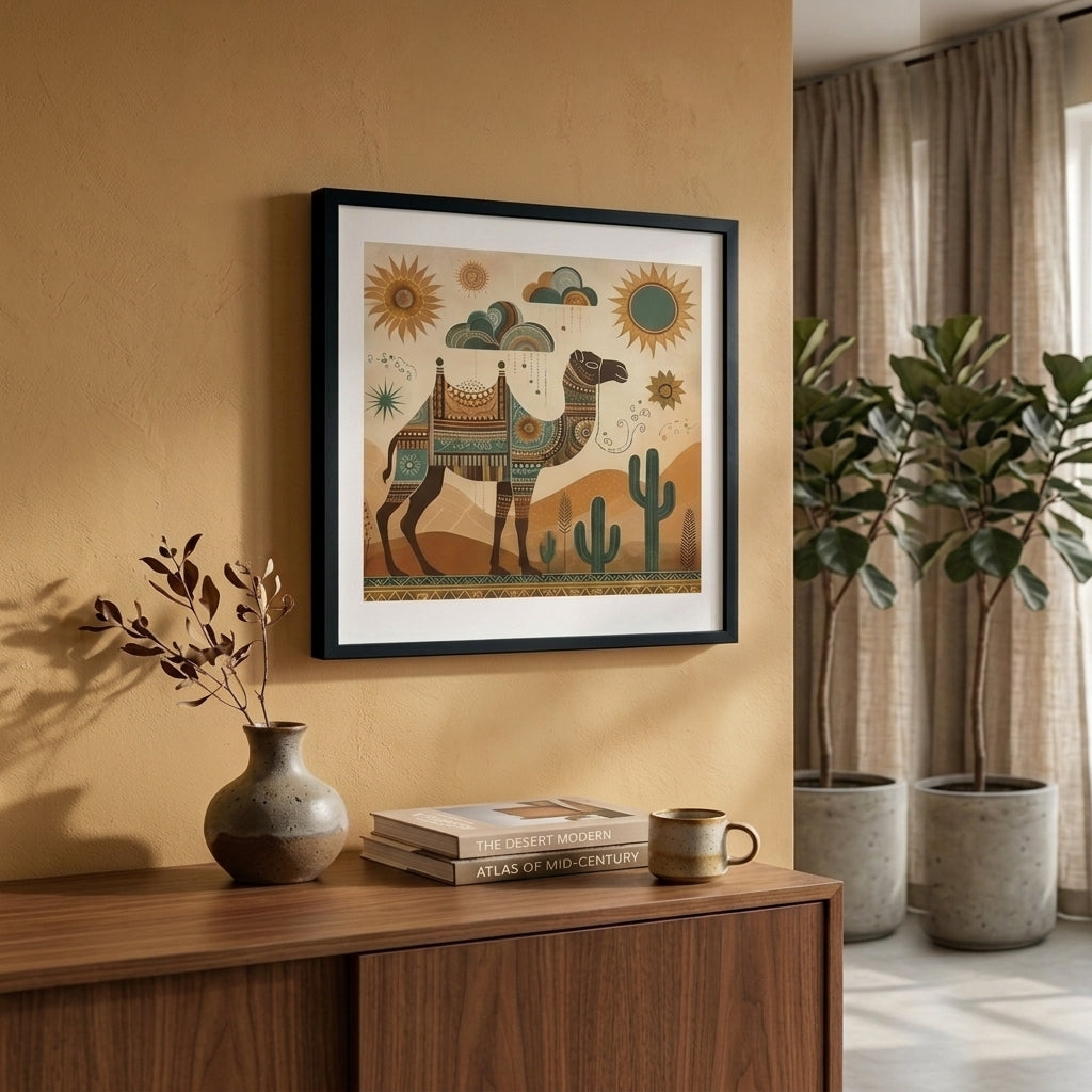 Framed artwork of a camel in a desert scene on a wall above a wooden cabinet with decor items.