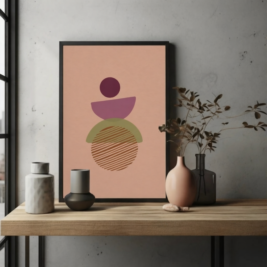 Framed abstract art print on a table with decorative vases.