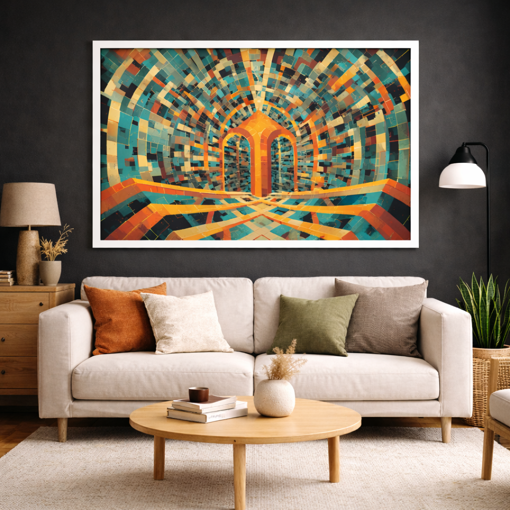 Living room with a colorful abstract painting above a beige sofa.