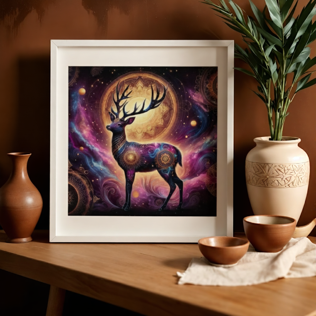 Framed artwork of a deer with cosmic design on a wooden table with decorative items.