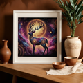 Framed artwork of a deer with cosmic design on a wooden table with decorative items.