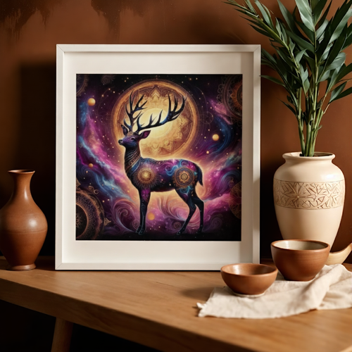 Framed artwork of a deer with cosmic design on a wooden table with decorative items.