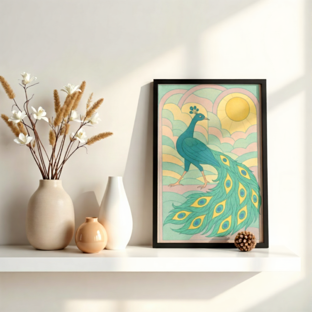 Framed artwork of a peacock on a shelf with decorative vases and plants.