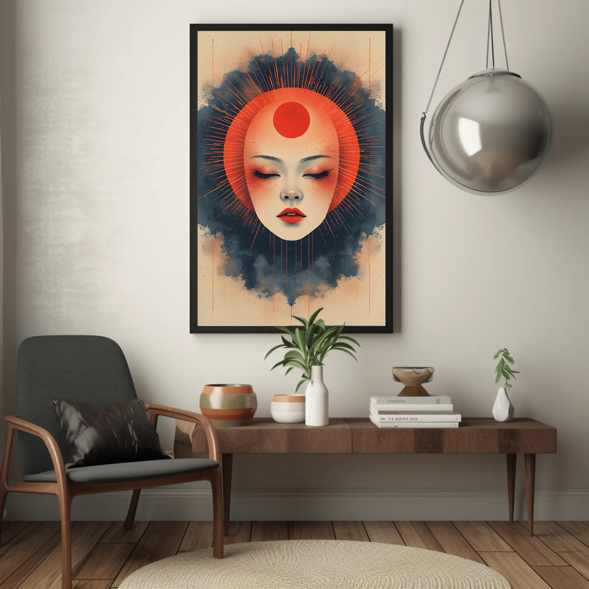 Modern interior with a framed artwork of a face with a red circle on a beige wall.