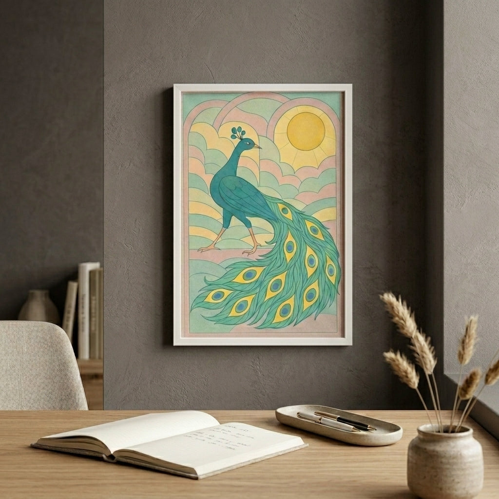 Framed peacock artwork on a wall above a desk with books and a vase.