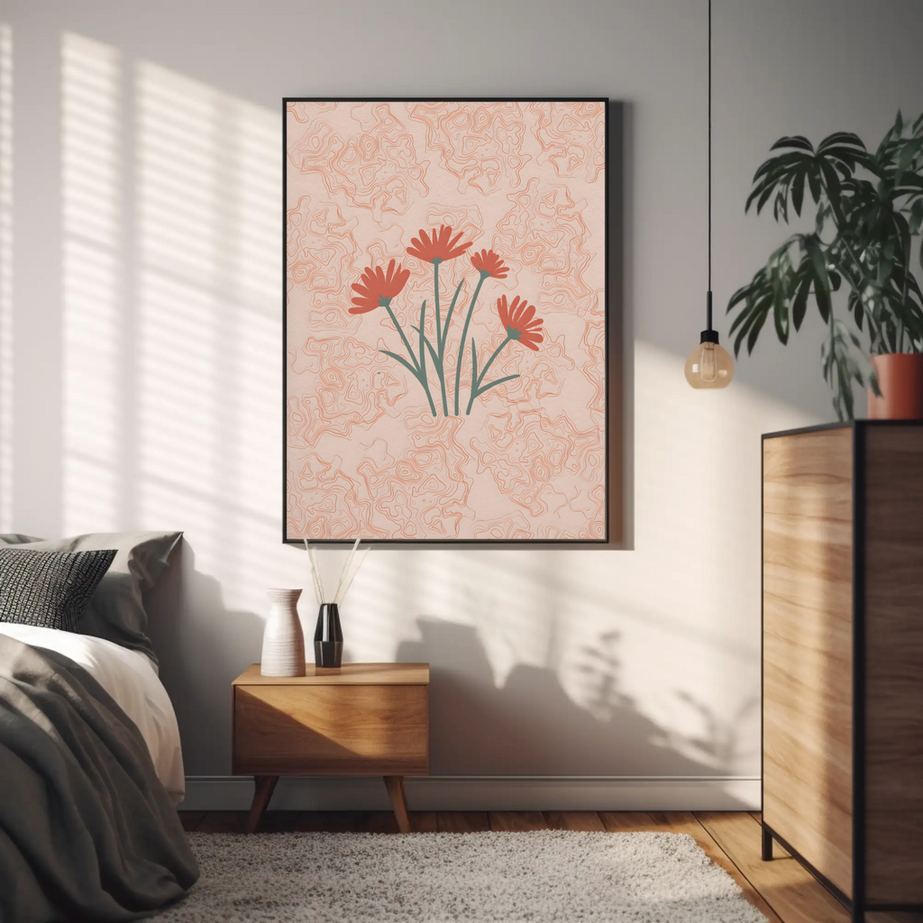 Decorative floral painting on a wall in a bedroom with natural light