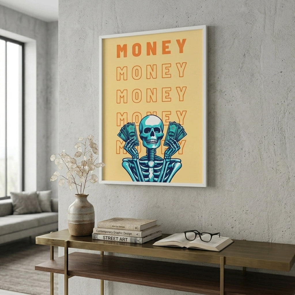 Framed artwork with a skeleton holding money on a wall in a living room.