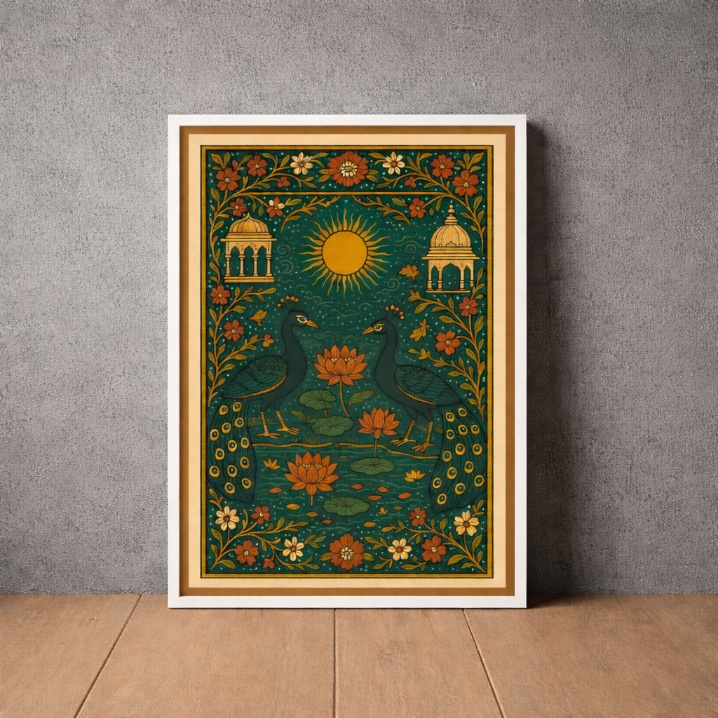 Decorative wall art with peacocks, flowers, and a sun on a gray wall.