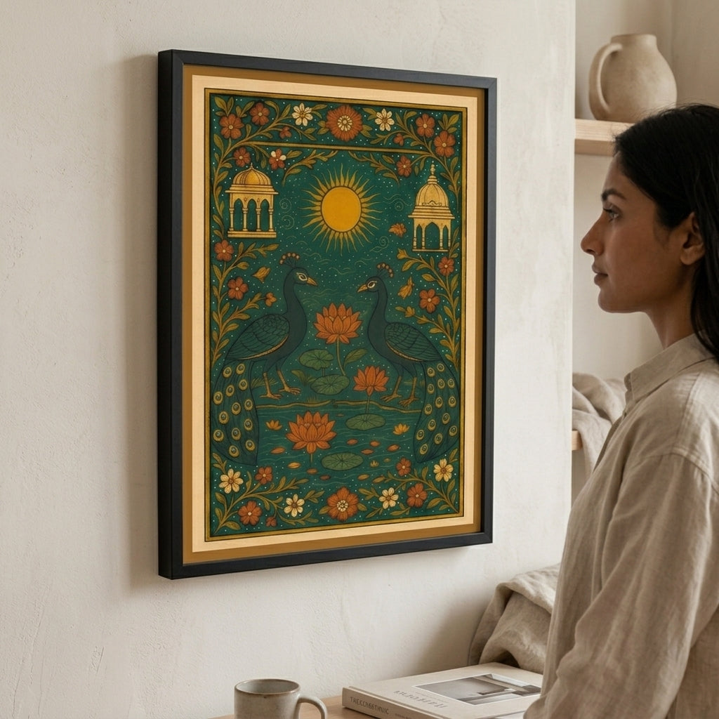 Woman looking at a framed artwork of peacocks and flowers on a wall.
