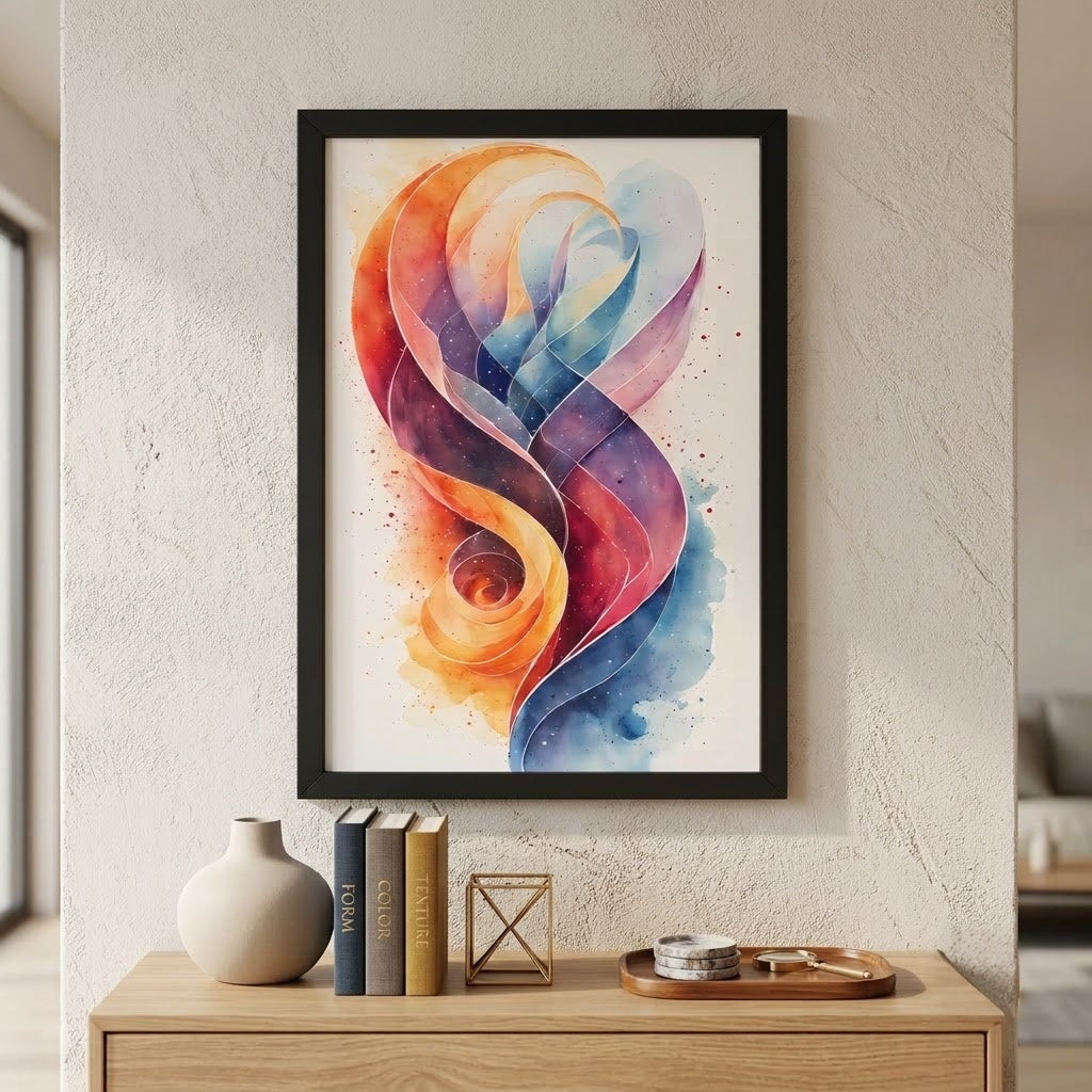 A framed abstract watercolor art print featuring flowing ribbon-like shapes in orange, red, purple, and blue on a white background, displayed on a textured beige wall above a wooden console table with books and decorative objects.