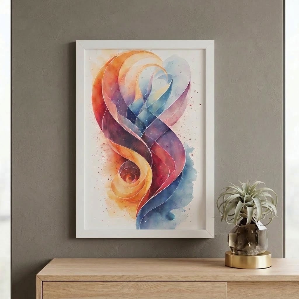 A framed abstract watercolor art print featuring flowing ribbon-like shapes in orange, red, purple, and blue, displayed on a gray wall above a light wood console table with a small potted plant.