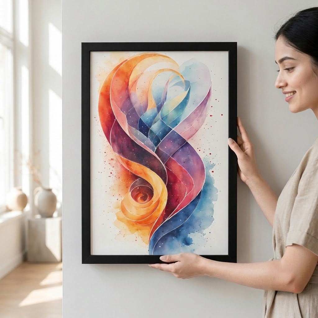 A woman in a beige top holds a black-framed abstract watercolor art print featuring flowing ribbon-like shapes in orange, red, purple, and blue against a white background, displayed on a light gray wall in a bright room.