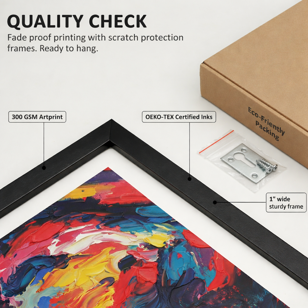 Framed artwork with quality check details on a white background