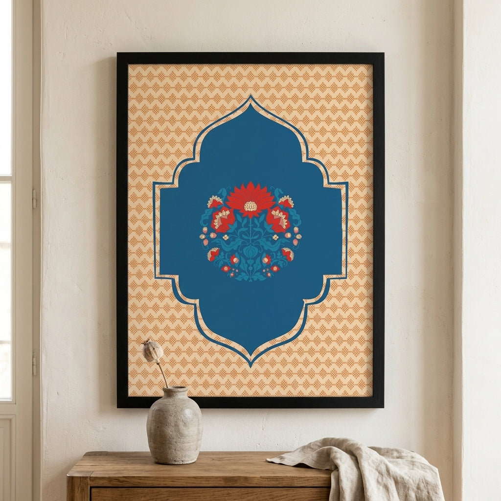 Framed Islamic wall art featuring a blue central arch with floral motifs on a beige patterned background, displayed on a wall above a wooden console table with a vase and cloth.