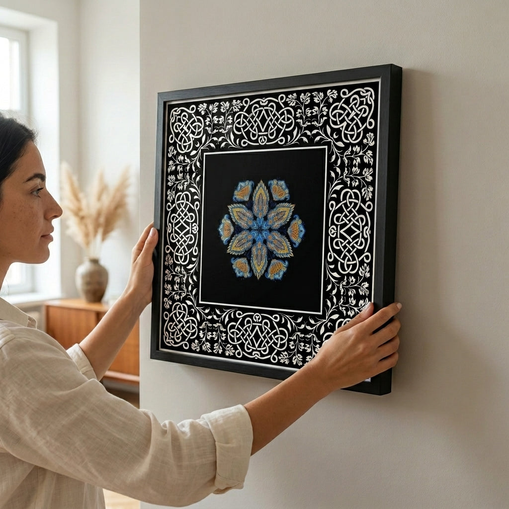 Woman hanging a framed artwork on a wall