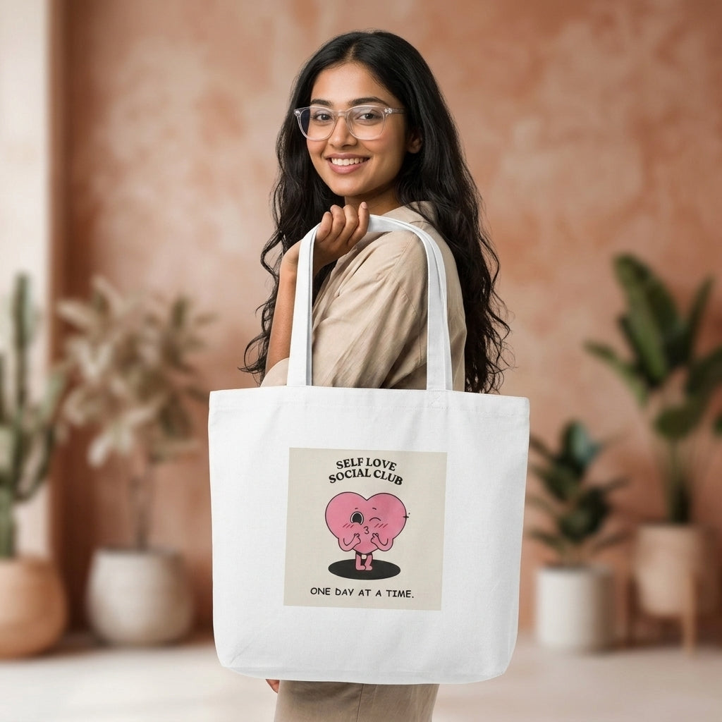 A woman holding a white canvas tote bag with a pink cartoon heart graphic and the text 'SELF LOVE SOCIAL CLUB' and 'ONE DAY AT A TIME'. The background is a warm, softly blurred indoor setting with potted plants.