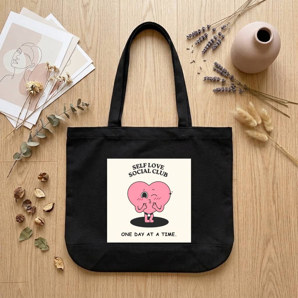 A black canvas tote bag with a white square graphic on the front, featuring a pink cartoon heart and the text 'SELF LOVE SOCIAL CLUB' and 'ONE DAY AT A TIME.' The bag is photographed in a styled flat lay on a light wood surface with dried flowers, cards, lavender, and a small vase around it.
