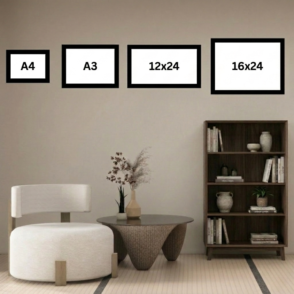 Framed artworks of different sizes displayed on a wall in a living room setting.