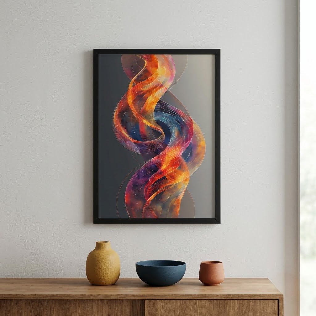 A framed abstract art print featuring a vibrant, flowing wave design in orange, yellow, purple, and blue tones, displayed on a light gray wall above a wooden console table with decorative ceramic vases.