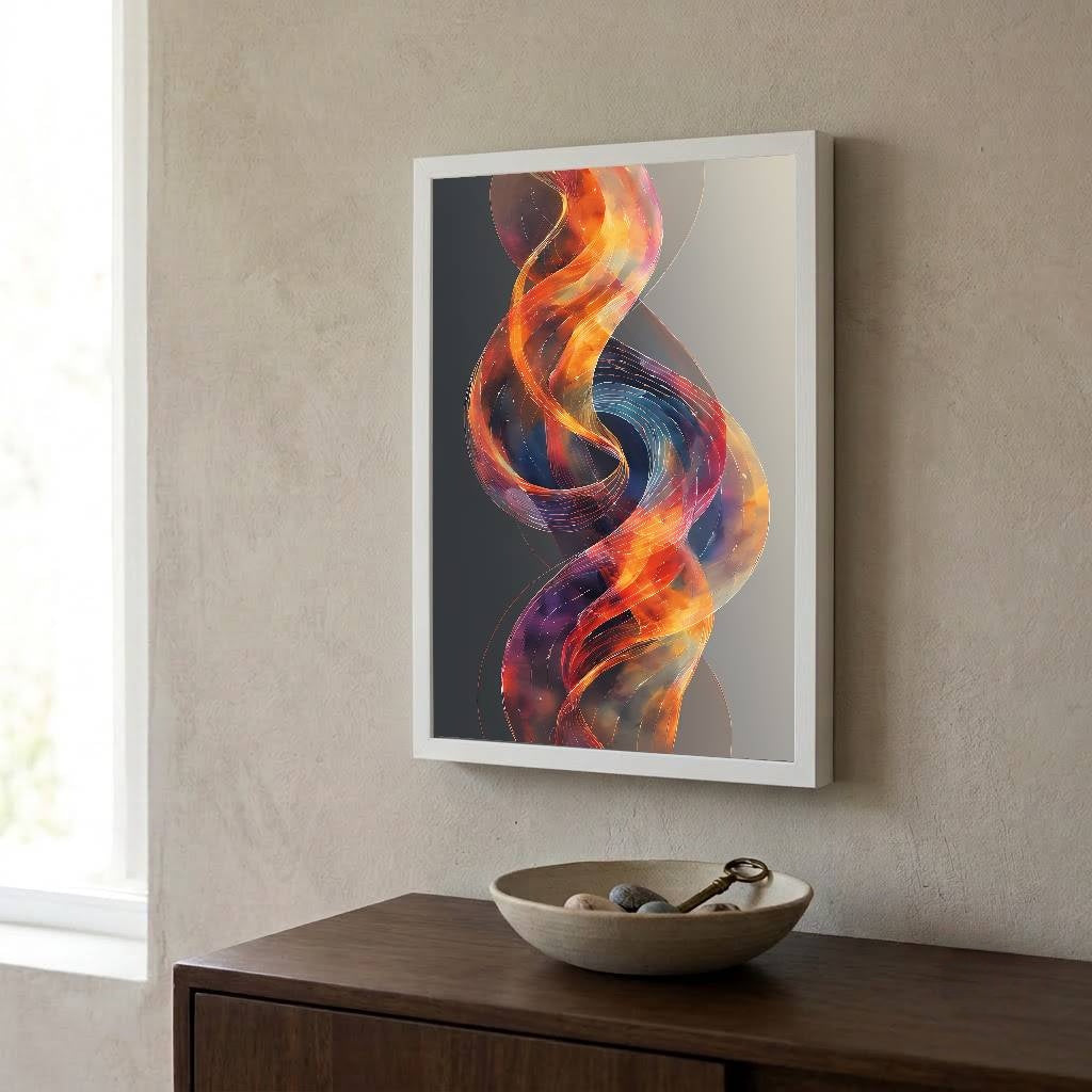 A framed abstract art print featuring a vibrant, swirling flame-like design in orange, yellow, red, and purple tones, displayed on a textured beige wall above a dark wood console table with a decorative bowl.