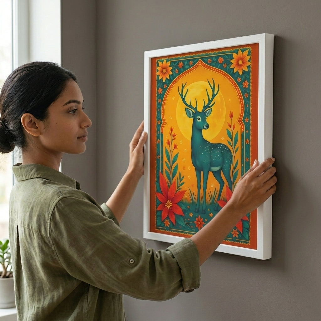 Woman hanging a colorful framed artwork of a deer on a wall.