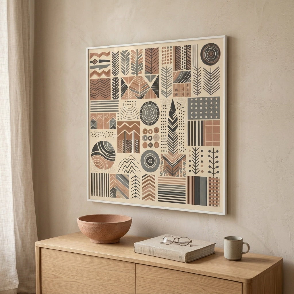 Framed geometric pattern art on a wall above a wooden side table with a bowl, book, and mug.