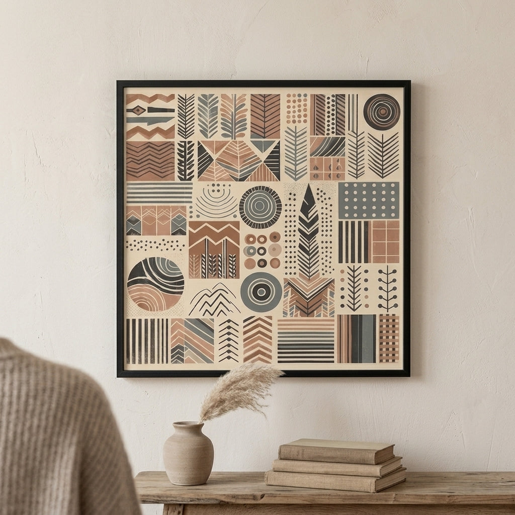 Framed geometric pattern art on a wall above a wooden table with a vase and books.