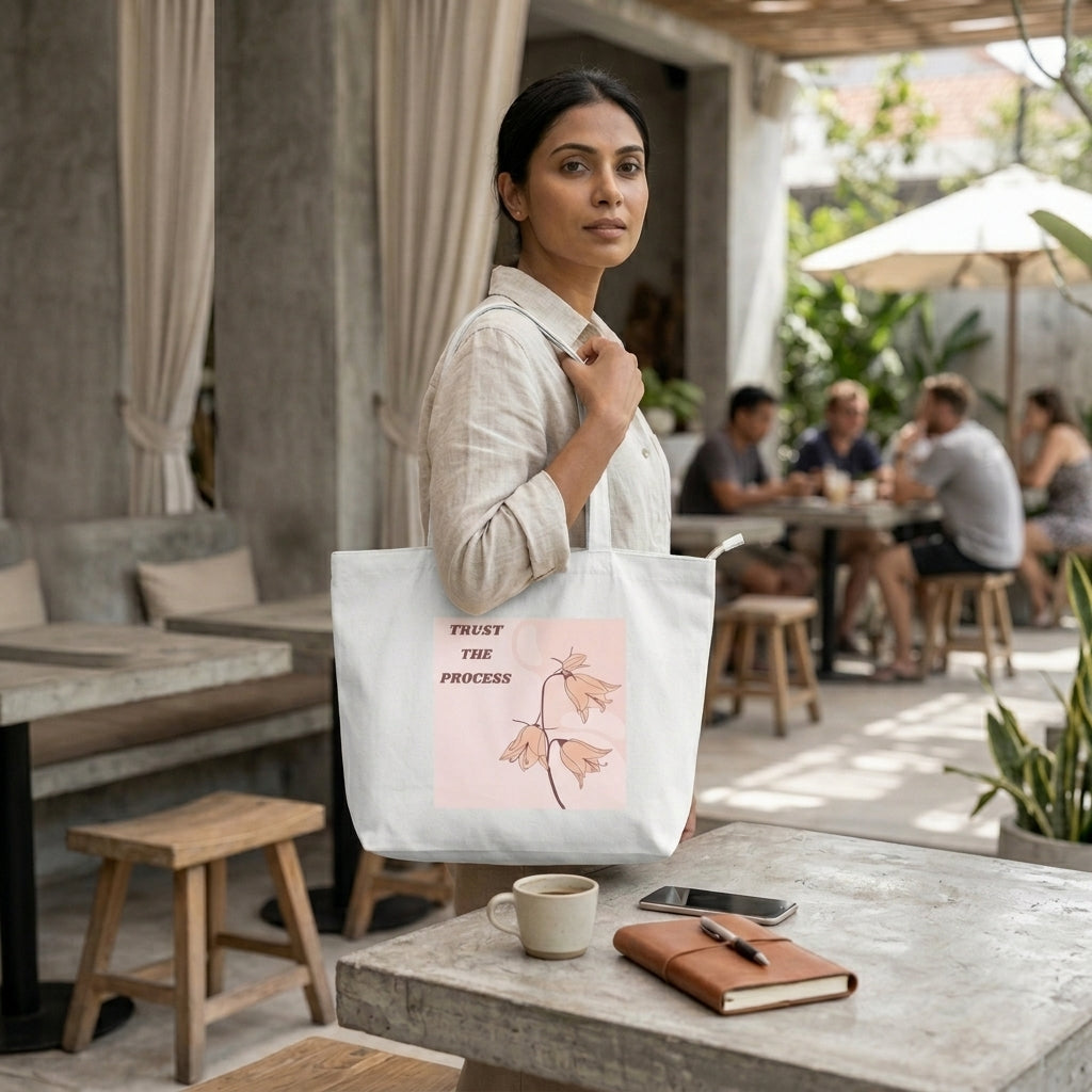 Woman holding a tote bag with a motivational quote in an outdoor setting.