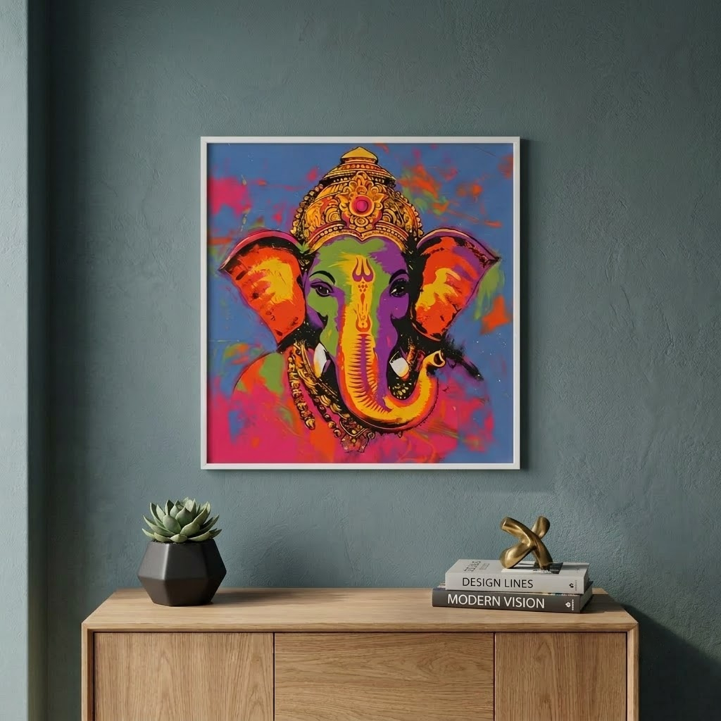 A framed colorful pop-art print of Ganesha hanging on a dark teal-gray wall above a light wood console table with a small succulent and books.