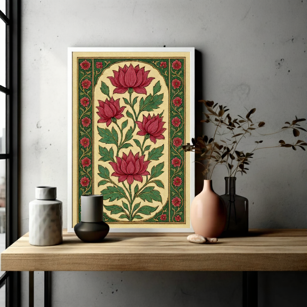 Decorative floral painting on a wall with vases on a table below.