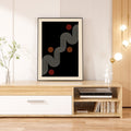 Modern living room with wooden TV stand, abstract art, and decorative elements.